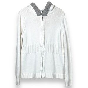 Ann Taylor LOFT White Ivory Knit Vintage Fur Cotton Full Zip Hoodie Sweater Lg